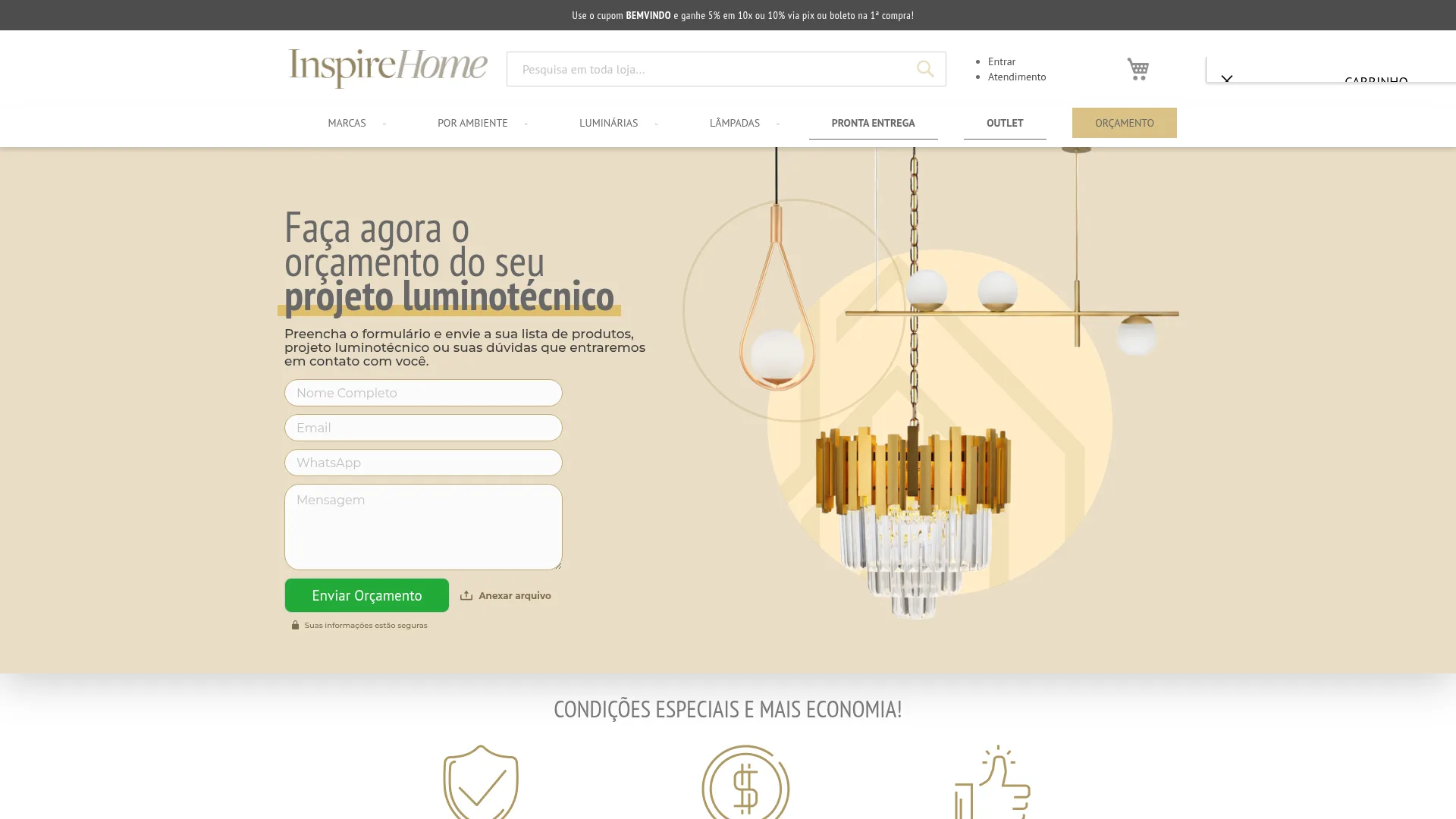 Formulário de orçamento da Inspire Home com mensagem e arquivo de projeto.