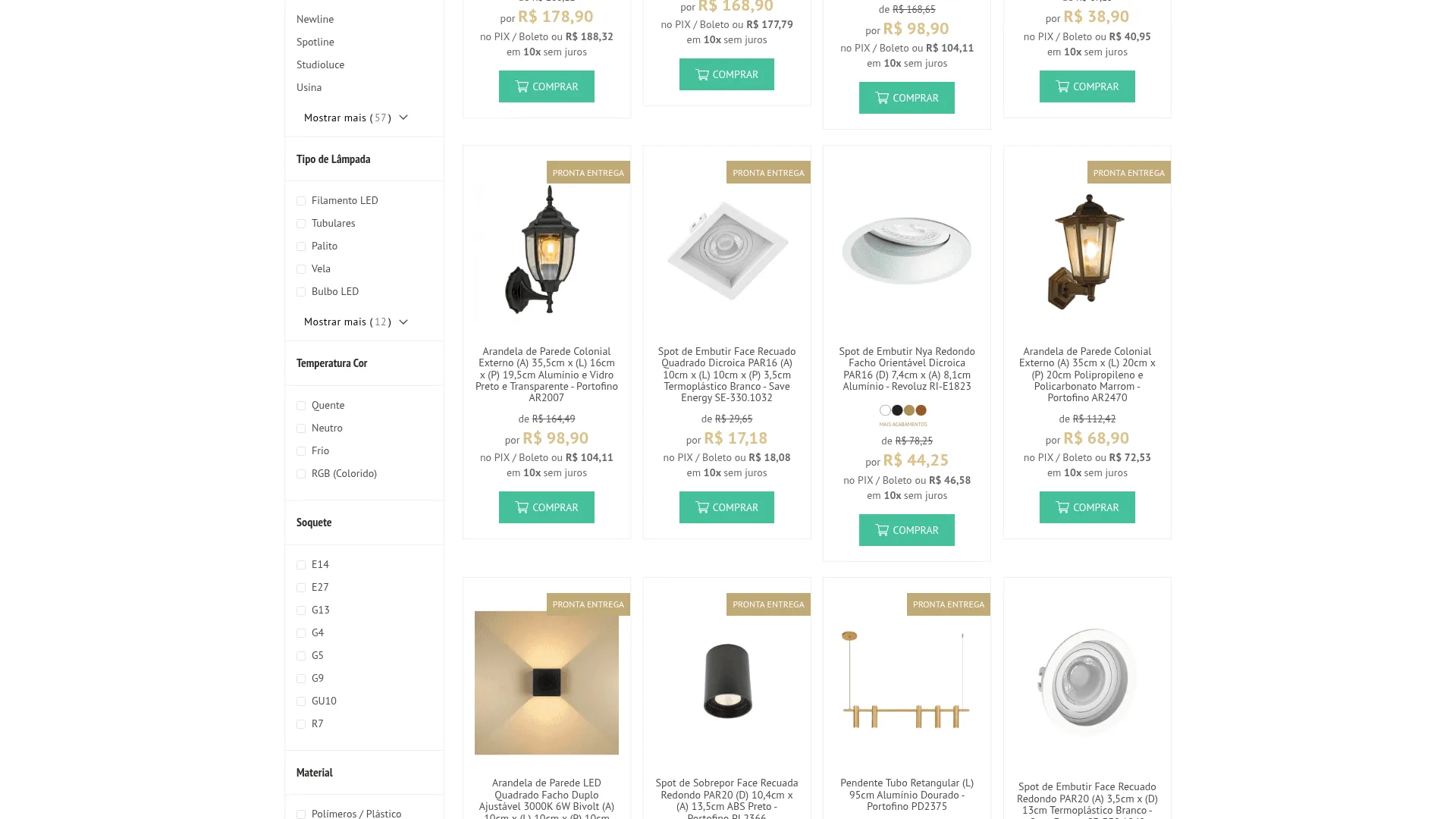 Filtros da Inspire Home por temperatura de cor, soquete, material, ambiente e características.
