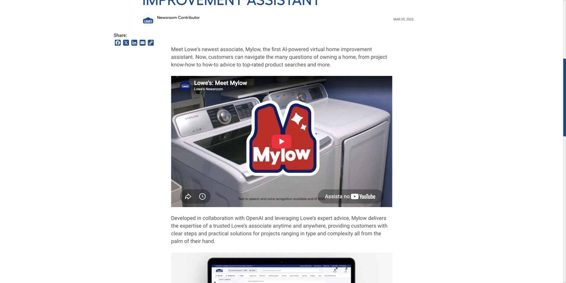 Comunicação oficial da Lowe’s apresentando Mylow como assistência contextual durante a jornada de compra.