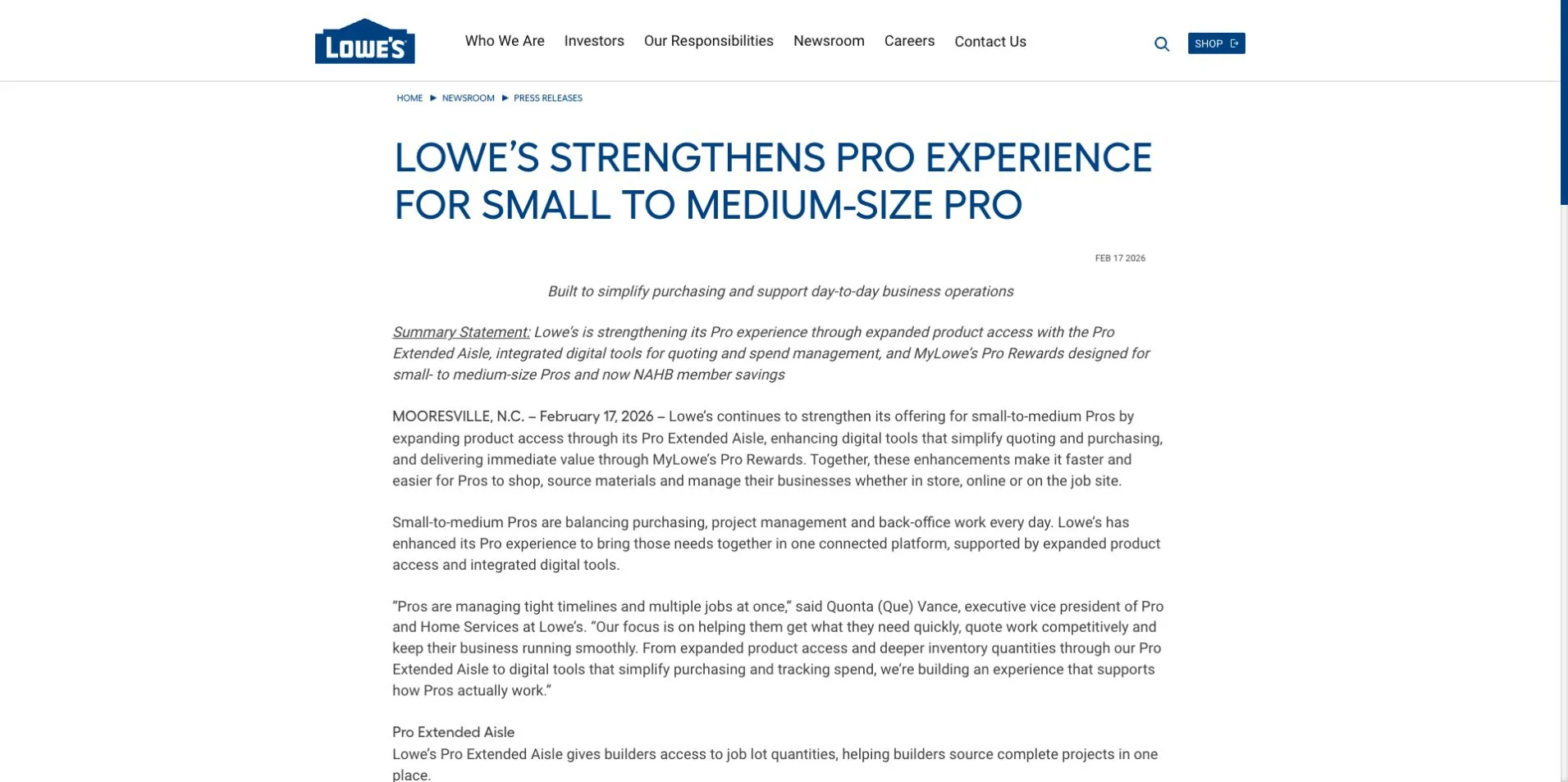 Captura do comunicado corporativo de fevereiro de 2026 sobre Lowe’s Pro; não é um dashboard autenticado.