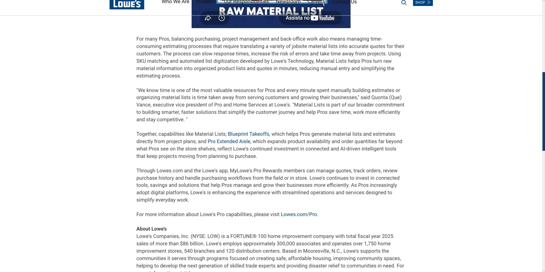 Detalhe de lista de materiais usado como contexto de planejamento; a calculadora foi observada na página oficial linkada.