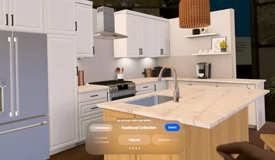 Imagem oficial da cozinha virtual no piloto Style Studio; ilustra visualização 3D, não um preview de iluminação nem uma experiência web nacional.
